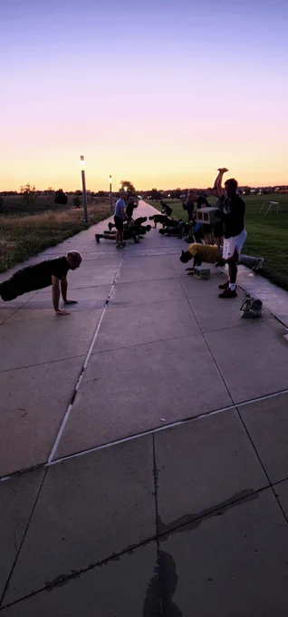 Group of men doing push-ups and squats.