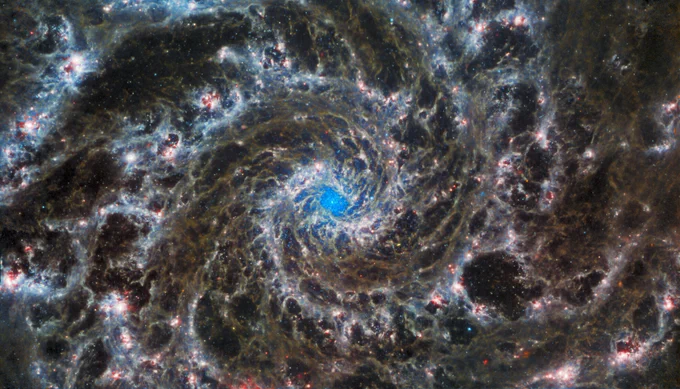 Image of the Phantom Galaxy, or M74, as seen by Webb in mid-infrared light. Delicate gray, webby filaments form a spiral pattern winding outwards from the center of the galaxy. These spiral arms of the galaxy are traced by blue and bursts of pink, which are the regions in which stars are forming. The very heart of the galaxy is colored blue and has speckles, which are young stars forming around the nucleus of the galaxy. 

