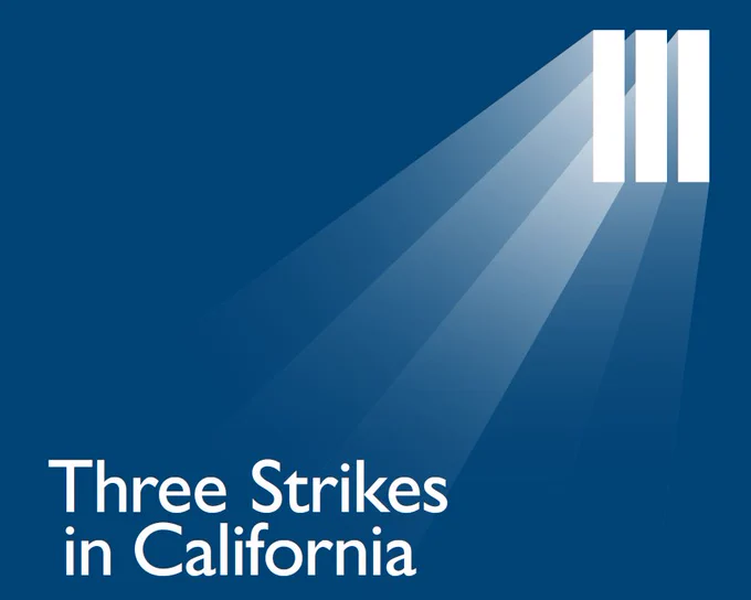 In this illustration, rays of sunlight are shining into a jail window that has bars across it. Text says "Three Strikes in California"