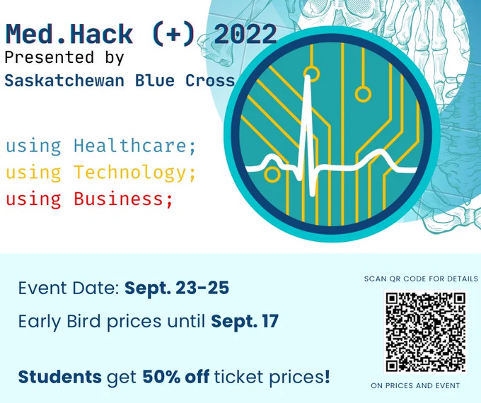 Med.Hack 2022 Advertisement. Scan QR code in bottom right corner leads to website to purchase tickets or find more information on the event.