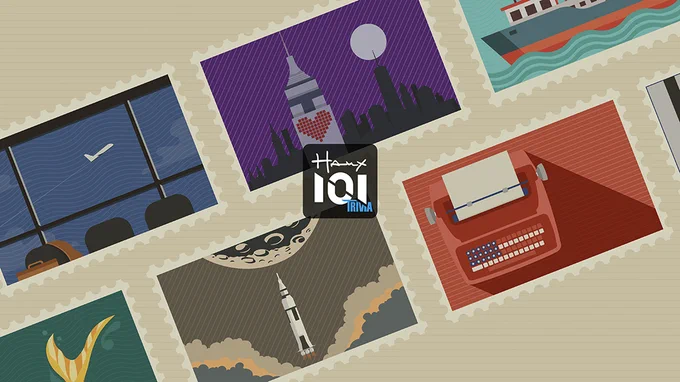 Artwork for Hanx 101 Trivia, showing the logo in front of postcards showing an airplane terminal, a keyboard, and other images.