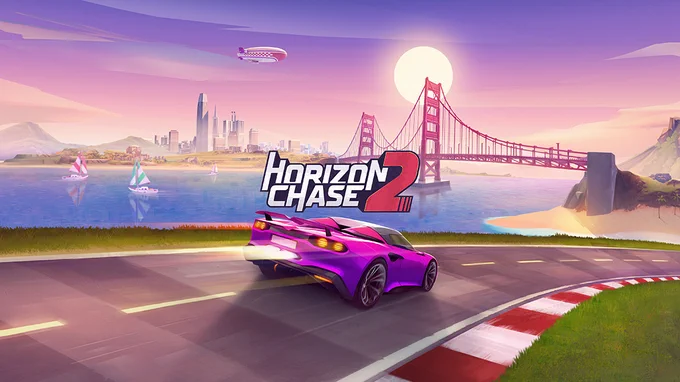 Artwork for Horizon Chase 2 showing a pink car drifting down the street in front of the Golden Gate Bridge.