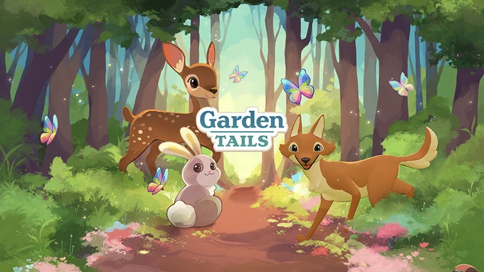 Artwork for Garden Tails showing cute forest animals standing around in a forest. 