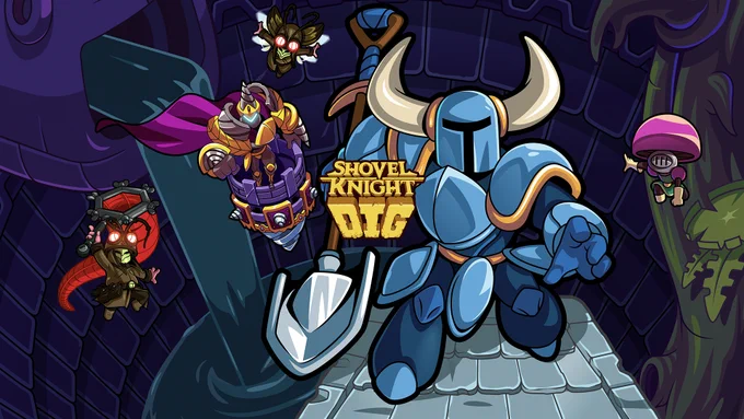 Artwork for Shovel Knight Dig showing the heroic knight running forward holding a shovel. 