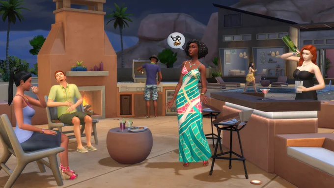 An image of an outdoor cooking and eating area that has a pool, bar, lounge & hi-top chairs, grilling/cooking area and large fireplace. There are two Sims laughing and sitting in the chairs with one Sim in a green button down and shorts and the other in a light blue top and grey skirt. Next to them is another Sim standing at the front of the bar wearing a long green, yellow & pink dress. Behind her standing at the bar is another Sim wearing all black pouring herself a drink. In the background is a Sim cooking at the grill wearing a fedora, blue cargo print shorts and a dark blue shirt.