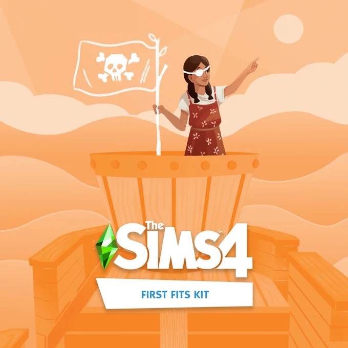 An image of a young female Sim on top of a pirate ship looking out into the distance. The Sim is wearing a floral dress with a white t-shirt underneath. There is also drawings on the Sim of a pirate eye patch on her right eye and a pirate flag in her right hand. The Sims 4 First Fits logo is at the bottom of the image.

