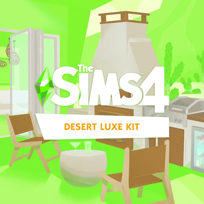 An image with the Sims 4 Desert Luxe Kit logo in the center of the image. In the background is a kitchen with chairs, a fireplace, grill top and table. The room looks to lead into another area with a glass sliding door in the background.