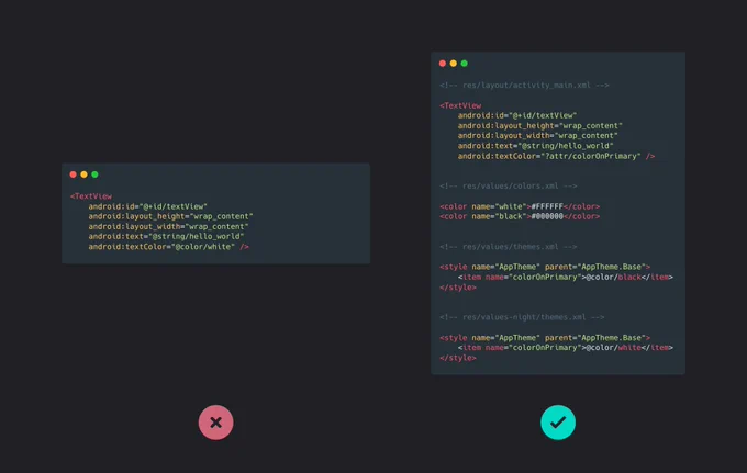 Code snippets of showing the bad way and the good way of applying color to UI elements in XML.