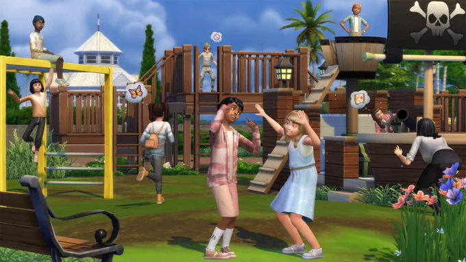 An image of a pirate themed playground filled with young Sims playing with one another. Going from left to right, there are two Sims by the monkey bars with a Sim wearing a blue beanie, tie-dye shirt & green shorts sitting on top and another Sim wearing black joggers and a pink & white sweater hanging from the bars. There is then another Sim wearing a small backpack, grey joggers and a blue & white sweater running past thinking about butterflies as they run over to a Sim who is standing up on the structure wearing a green beanie, sunglasses, cargo pants and t-shirt. Next to this Sim is another Sim wearing an orange beanie, blue button down with a white shirt underneath standing in the birds nest. In the foreground are two Sims playing with each other. The Sim in the left is wearing a pink and white long sleeve button down with pink shorts, while the Sim next to him is wearing a blue dress and sneakers.