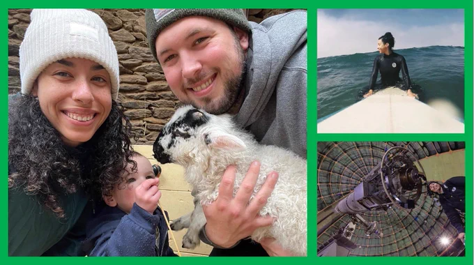 A collage of 3 photo of Alexandra Durbin: 1) with her son and husband, and a pygmy goat; 2) in front of a huge telescope and observatory dome; 3) on a surfboard with a large swell behind her. 