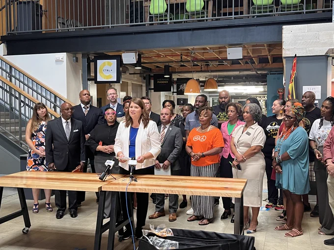 DOA Secretary-designee Kathy Blumenfeld gathers with stakeholders at the Sherman Phoenix Marketplace to announce another $15.7 million in grants to help diverse small businesses.
