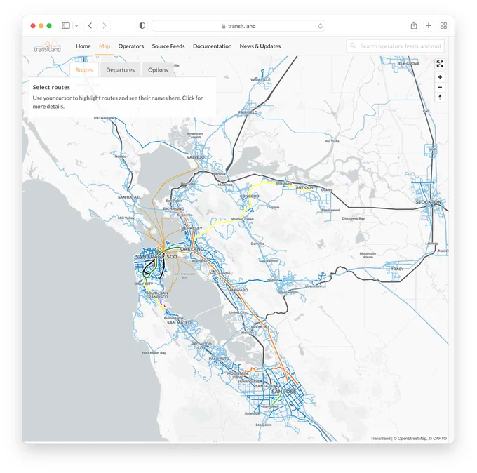 screenshot of the Transitland global transit map showing bus, train, subway, and ferry lines in the San Francisco Bay Area