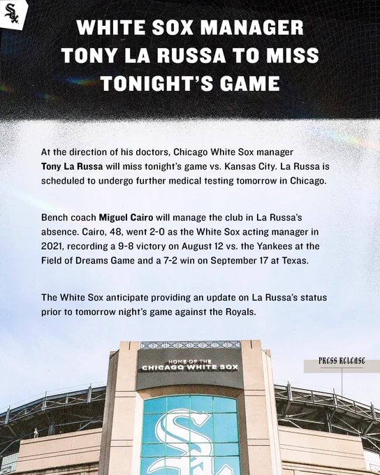 At the direction of his doctors, Chicago White Sox manager Tony La Russa will miss tonight’s game vs. Kansas City. La Russa is scheduled to undergo further medical testing tomorrow in Chicago.
 
Bench coach Miguel Cairo will manage the club in La Russa’s absence. Cairo, 48, went 2-0 as the White Sox acting manager in 2021, recording a 9-8 victory on August 12 vs. the Yankees at the Field of Dreams Game and a 7-2 win on September 17 at Texas.
 
The White Sox anticipate providing an update on La Russa’s status prior to tomorrow night’s game against the Royals.