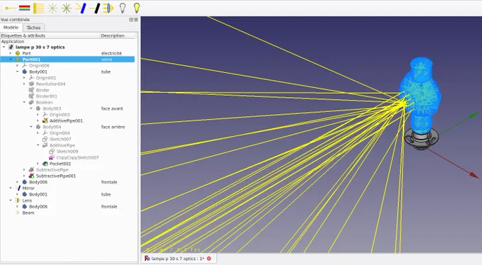 screenshot of a the FreeCAD modeling interface using the Optics workbench
