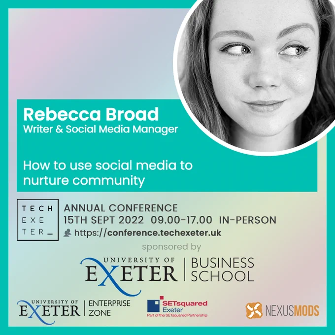 Card showing Rebecca Broad and details of her talk as per the tweet text.
