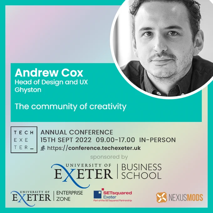 Card showing Andrew Cox and details of his talk as per the tweet text.
