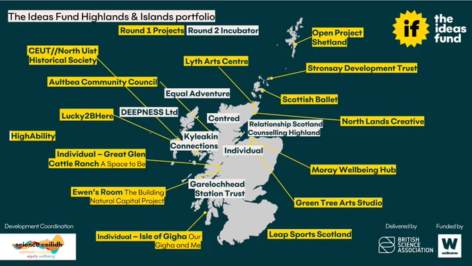Map showing the Round 2 incubator projects in white along with the round 1 projects in yellow across Highlands and Islands