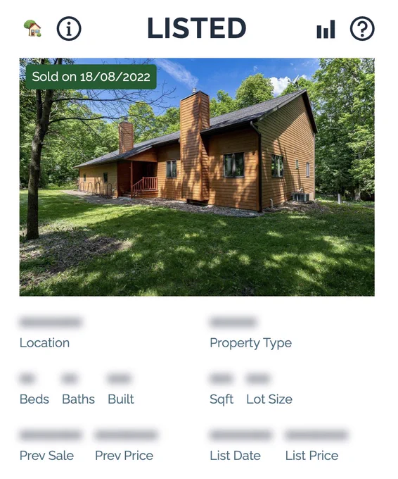 Screenshot of Listed game, with a photo of a house and details like Location, Beds, Baths, Sqft all blurred out