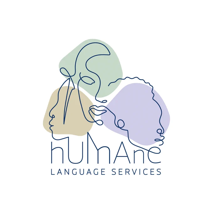 The Humane logo, an abstract picture depicting three irregular spots of color (mint green, light brownish yellow, and lilac) over a white background. Over them, three simple blue lines intertwine to draw the contours of three faces: the one in the middle, slightly above the others, is facing forward while the two below it are in profile, facing away from one another. The faces are not bound by the limits of the colored spots. Below them, a text reads: "Humane - Language Services." Two of the blue lines extend from the faces to form two of the letters.