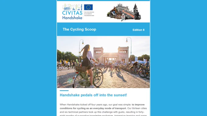 Cover of the eigth edition of the Handshake newsletter, the 'Cycling Scoop', featuring a woman on a bicycle cycling off into the sunset. 