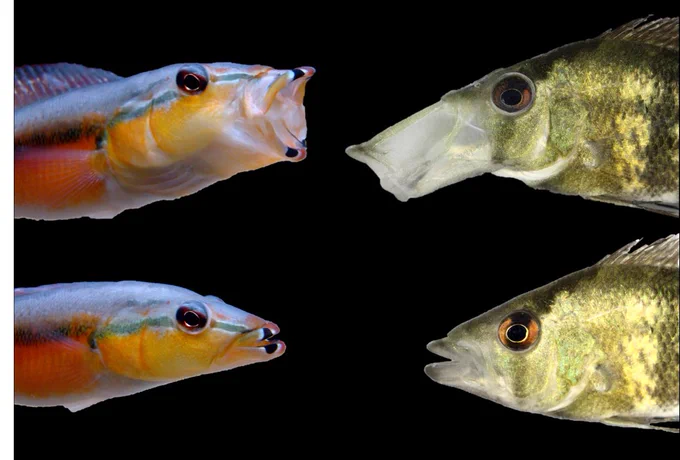 Examples of different degrees of jaw protrusion in a pursuit predator (Crenicichla, left) and ambush predator (Caquetaia, right). Caquetaia images by Christopher Martinez.