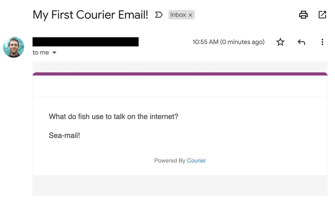 Email in Gmail. Title: "My first Courier Email!" Body: "What do fish use to talk on the internet? Sea-mail!"