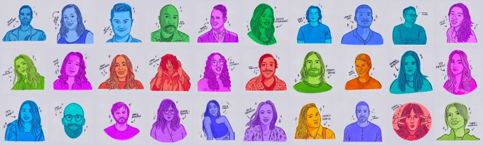 A colorful array of illustrated portraits featuring some of the VMLYR West creative team. 
