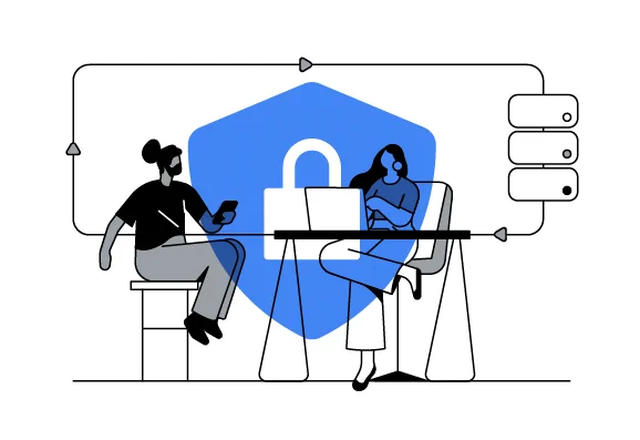 Two people sit at a cafe table. Knowing their data is protected, they confidently use their devices.