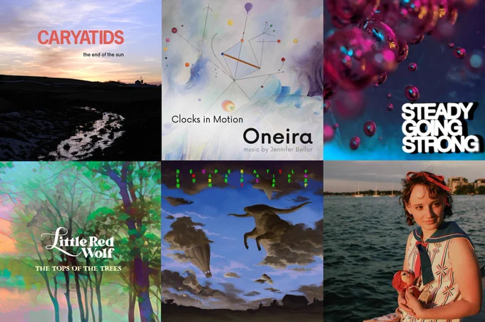 A 3x2 collage of the latest release art from (clockwise) Caryatids, Clocks In Motion, Air Cabin, Jane Hobson, Disq, and Little Red Wolf.