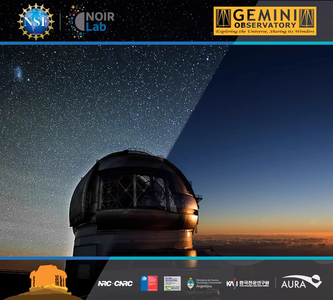 The linked image is a clever combination of Gemini North and South into one telescope with the starry sky of Gemini south on the left and Gemini North illuminated by a sunset on the right.
