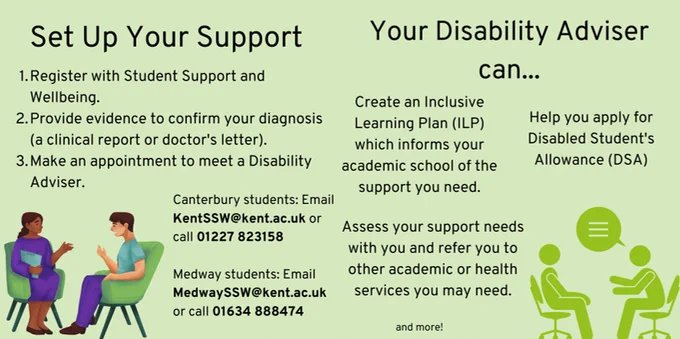 Set up your support. 1. Register with Student Support & Wellbeing. 2. Show evidence to confirm your diagnosis (a clinical report or doctor's letter). 3. Make an appointment to meet a Disability Adviser. Canterbury students: Email KentSSW@kent.ac.uk. Medway students: Email MedwaySSW@kent.ac.uk. Your disability adviser can create an Inclusive Learning Plan, help you apply for disabled student's allowance etc.
