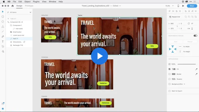 A screenshot demonstrating how to combine the power of components and the responsive resize feature in Adobe XD to design for varying screen sizes. 