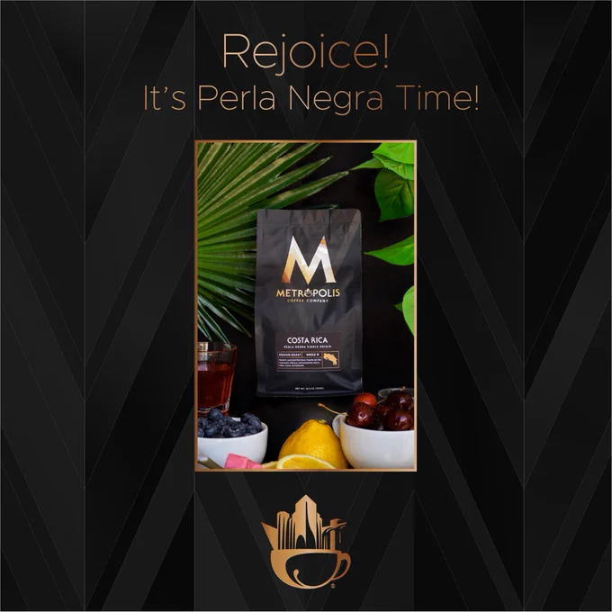 A photo of a bag of Metropolis Coffee’s Costa Rica Perla Negra Single Origin. In front of the coffee bag dark chocolate, cherries, sage, and lemon slices are pictured. Behind the bag, a person sits with a steaming cup of coffee resting in both hands. Above the photo “Have you tried our Costa Rica Perla Negra?” is written in a gold gradient. The background is a black gradient pattern, with the Metropolis Coffee skyline & cup logo beneath the photo.