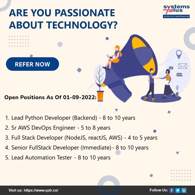 𝐖𝐞 𝐚𝐫𝐞 𝐡𝐢𝐫𝐢𝐧𝐠 𝐟𝐨𝐫 𝐦𝐮𝐥𝐭𝐢𝐩𝐥𝐞 𝐩𝐨𝐬𝐢𝐭𝐢𝐨𝐧𝐬 - https://lnkd.in/ez5dfnk



#Hiring #SeniorPythonDeveloper #AWS #AWSDeveloper #FullStackDeveloper #AutomationTester #Jobs #OpeningsAtSPTR #SystemsPlusTransformations