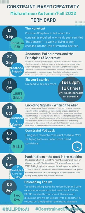 Constraint-based Creativity
Michaelmas 2022 Term Card

13 Sep
The Xenotext
Christian Bök

27 Sep
Anagrams, Palindromes, and the Principles of Constraint
Anthony Etherin

11 Oct
SIX-WORD STORIES
Laura Gibbs

25 Oct
Encoding Signals - Writing the Alien
Richard A Carter

8 Nov
Constraint Pot Luck

22 Nov
MACHINATIONS
Kinneson Lalor & JP Seabright

6 Dec
UNLEASHING THE OX 
Teo Eve

Tues 8pm UK time

DM @KinnesonLalor for Zoom link