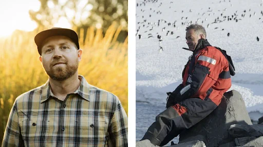 A composite image featuring two host photos. On the left is a headshot of Pressure Cooker host Dan Pierce, against a wheat field during golden hour, wearing a baseball cap and a plaid shirt. On the right is Ian Urbina, pictured wearing a snowsuit, seated on a rock near a shoreline covered in snow, with dozens of penguins behind him. 