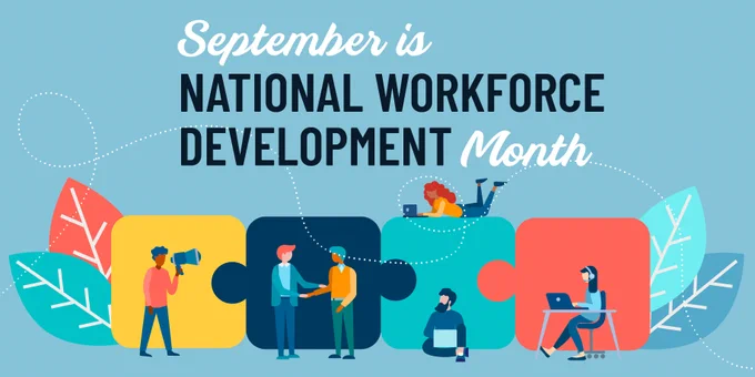 Graphic showing people in various states of work in front of puzzle pieces that fit together.