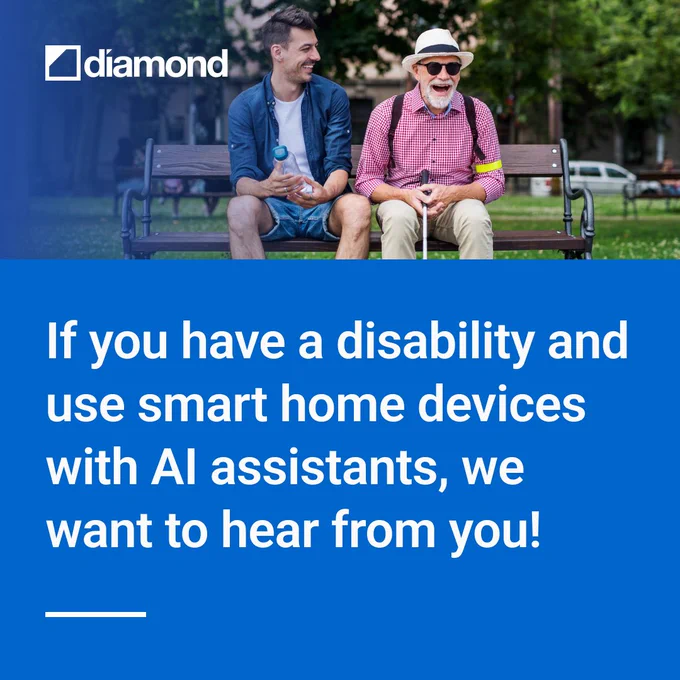 Two people sitting on a park bench with one wearing shorts and the other wearing a hat, sunglasses, and holds a white cane. If you have a disability and use smart home devices with AI assistants