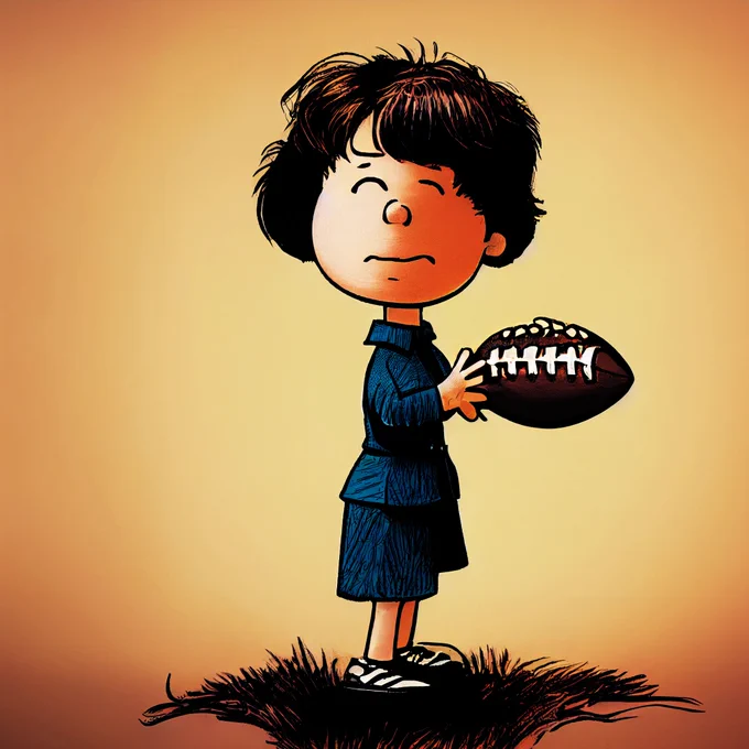Susan Collins holding a football, in the style of a Peanuts cartoon