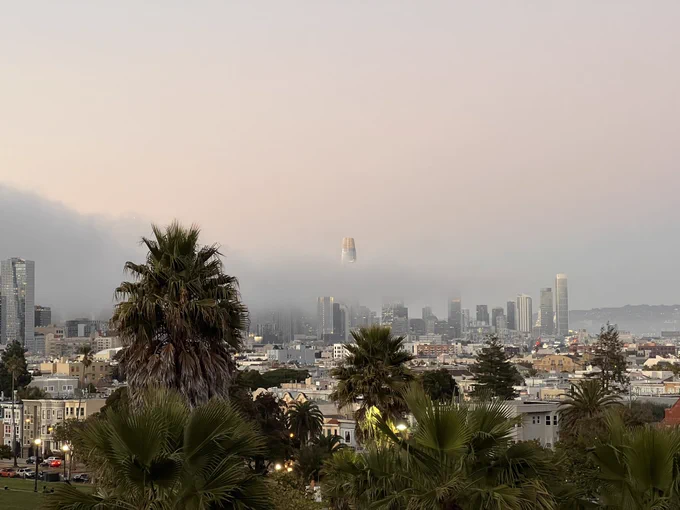 The top of Salesforce Tower peeks out above the fog in downtown SF