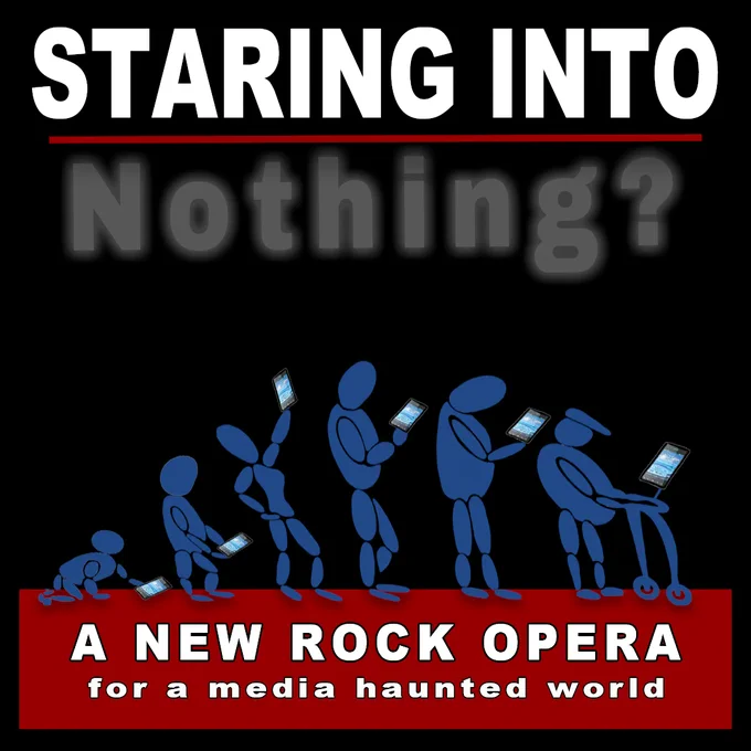 This image is of blue cartoon figures staring at their cell phones. They range from a baby all the way to an elderly person. Its to advertise a new rock opera called staring into nothing at El Portal Theatre, Oct 7,8,9