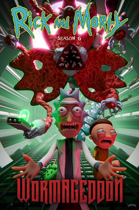Rick and Morty running from Wormageddon monster