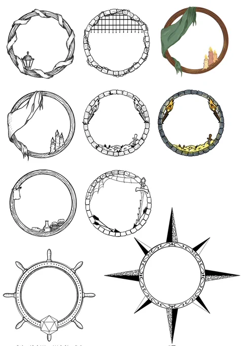 10 adventure themed illustrated character token borders. 2 are in colour the rest are black and white