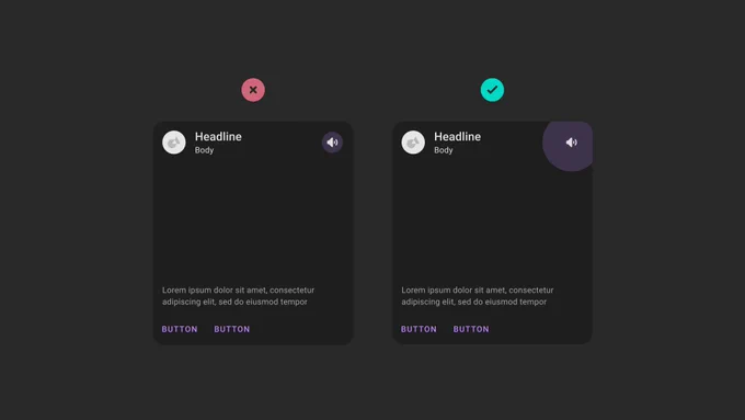 Image of two card layouts showing the difference in touch target when icon padding is added.