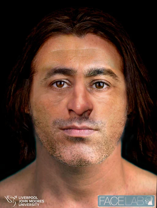 Facial reconstruction of a man whose remains were recovered from the Chapelfield well. He has olive skin tone, brown eyes and straight long brown hair. He has a very masculine face with a strong heavy jawline and some stubble. His eyes are quite narrow-set with a narrow nose.
