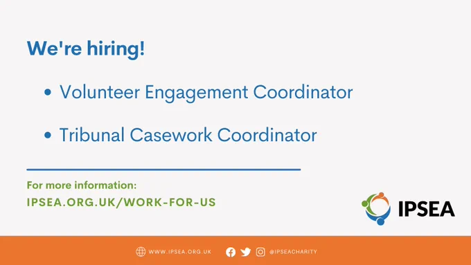 We're hiring! 
Volunteer Engagement Coordinator
Tribunal Casework Coordinator

For more information, visit: ipsea.org.uk/work-for-us