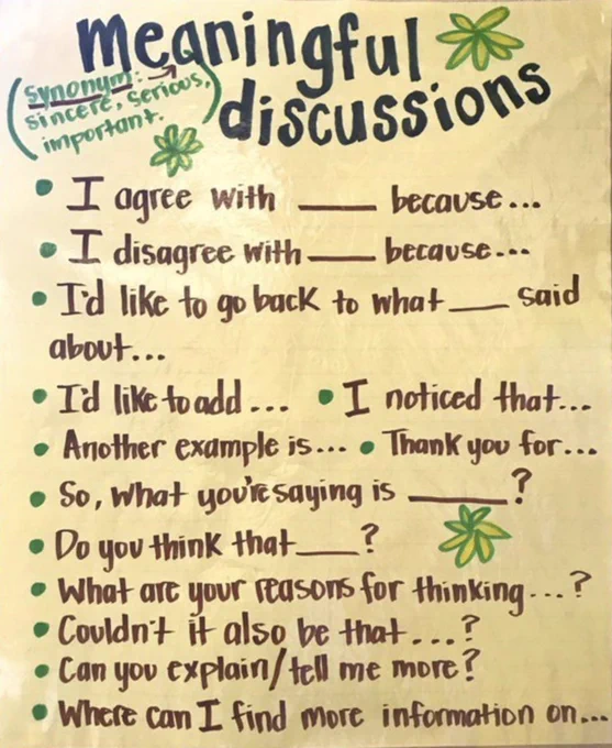 Photo of a whiteboard display titled "Meaningful discussions." In marker, there are prompts for good discussions, such as "So, what you're saying is ....?" or "I'd like to add..."