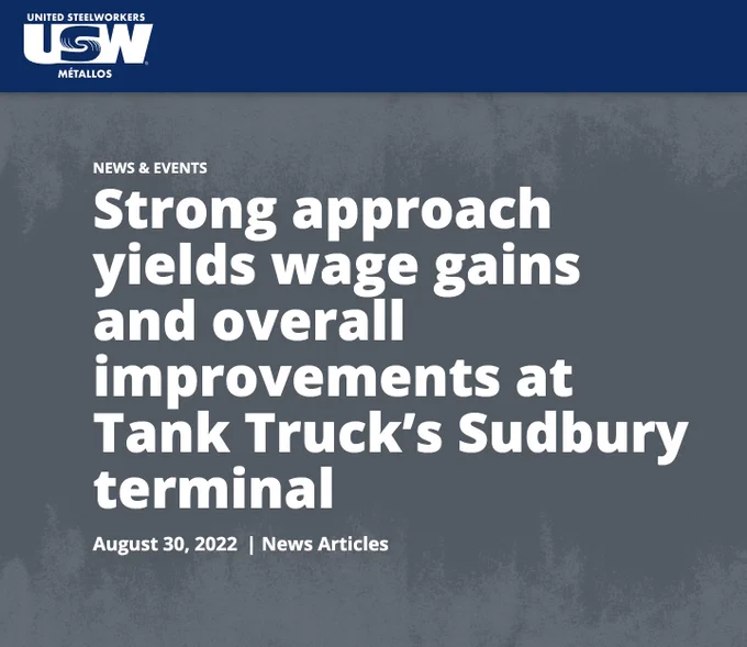 Plain text that says, "Strong approach yields wage gains and overall improvements at Tank Truck's Sudbury terminal," in white text over a dark grey textured background. 