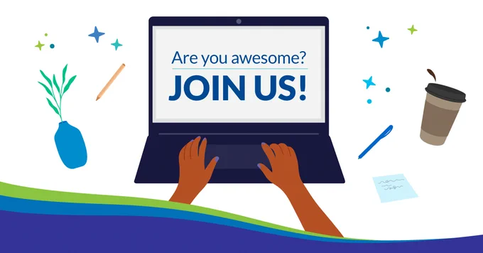 Hands type on a laptop. Text on the laptop reads: "Are you awesome? Join us!".