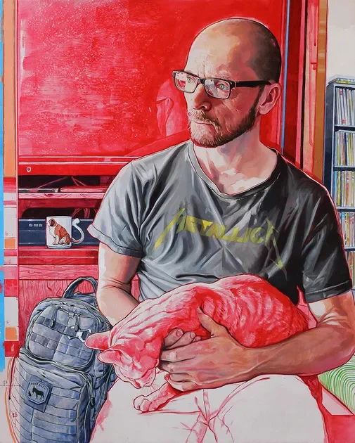 A painting of an individual holding a cat. The cat and the background are painted in red.